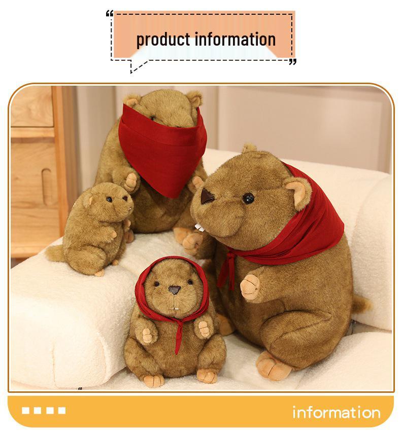 Red Scarf Marmot Plush Toy - Cute Mouse Figurine & Realistic Beaver with Big Incisors, Perfect Kids' Birthday Gift