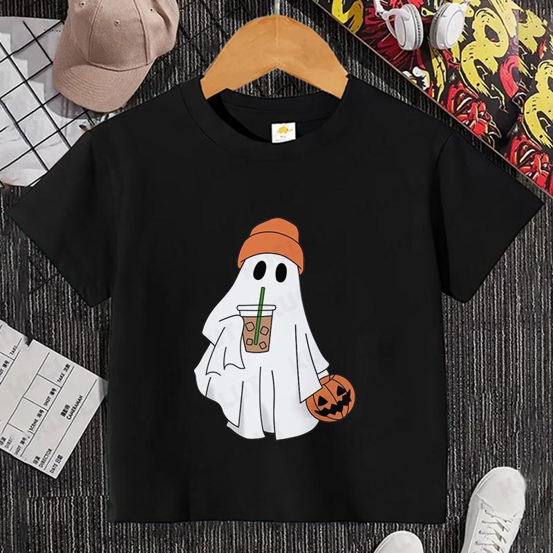 Little Boo Drinking Coffee Halloween Spooky Season Shirt Children T-Shirts Harajuku Graphic Tops Kids Summer Fashion Tshirt Tops