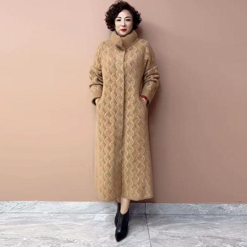 Winter Women's Long Mink Fur Coat  Stand Collar Thick Warm Mink Fur Overcoat Plus Size Fur Coat
