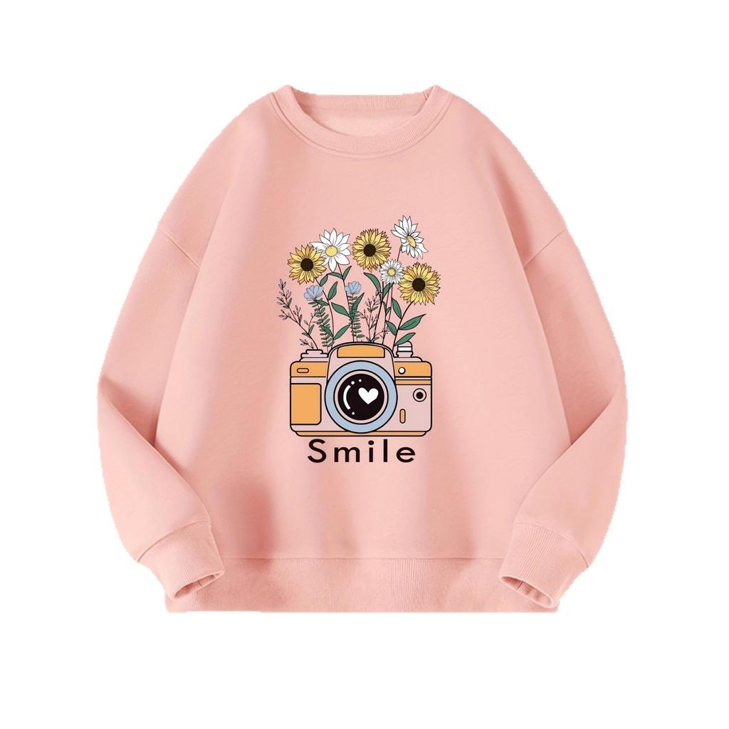 Girls' Fashionable Camera and Flower-patterned Hoodie for Children, Winter and Autumn Casual Hoodie for Kids
