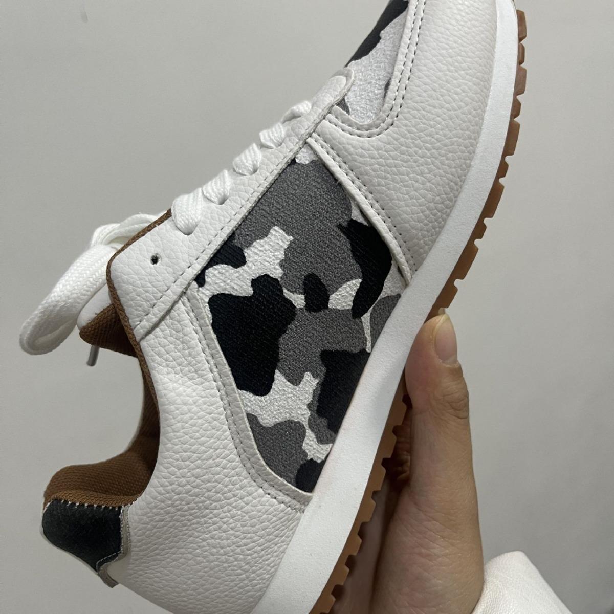 

Весна и осень Большие размеры Леопардовый принт Повседневные одинарные туфли Женские плоские туфли со шнуровкой Спортивные повседневные туфли 44 белый