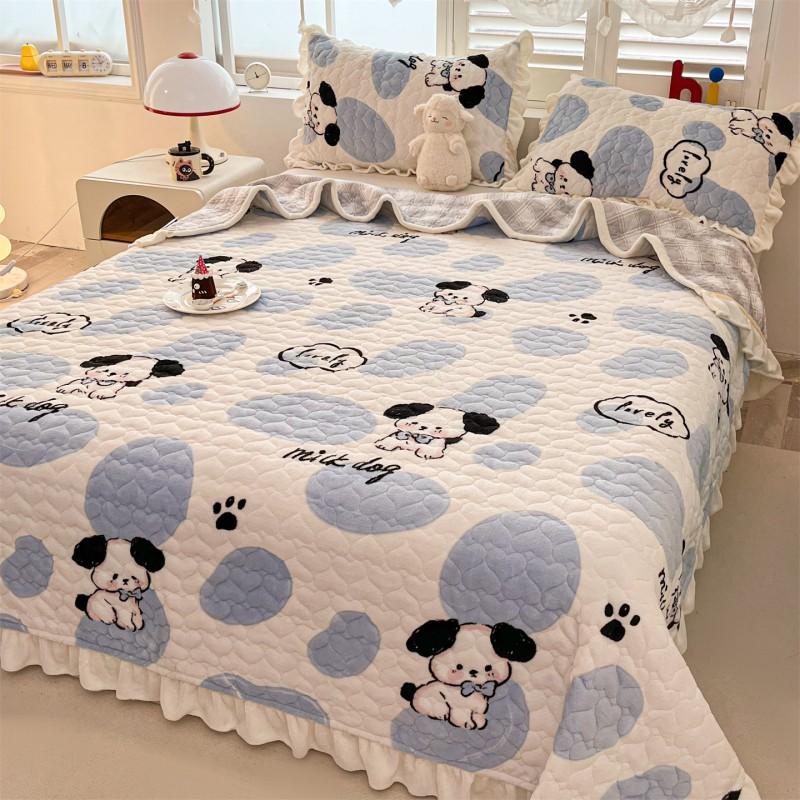 Thick Warm Milk Coral Fleece Bedding Set Floral Bedspread Quilt Cover Lace Trim Home