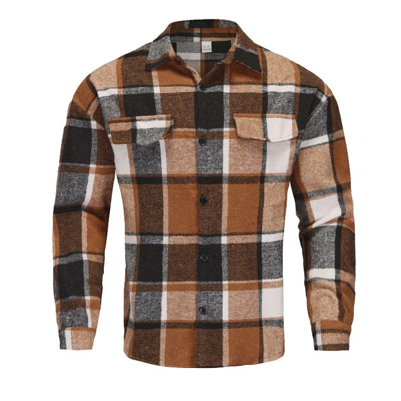 Men's Lapel Checkered Shirt Retro Brushed Casual Long-sleeved Jacket