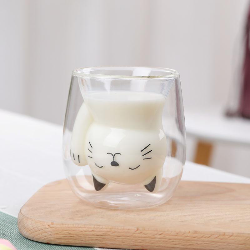 Taza de Café de Vidrio de Doble Capa Linda Gato de la Suerte Dibujos Animados Animales Antiescaldado Tazas de Desayuno Leche Tazas Divertidas Regalo Para Amigo Niño