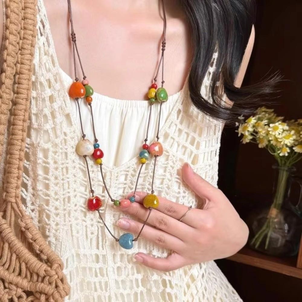 Adjustable Colorful Ceramic Necklace Woven Rope Boho Style Necklace for Women Fashion