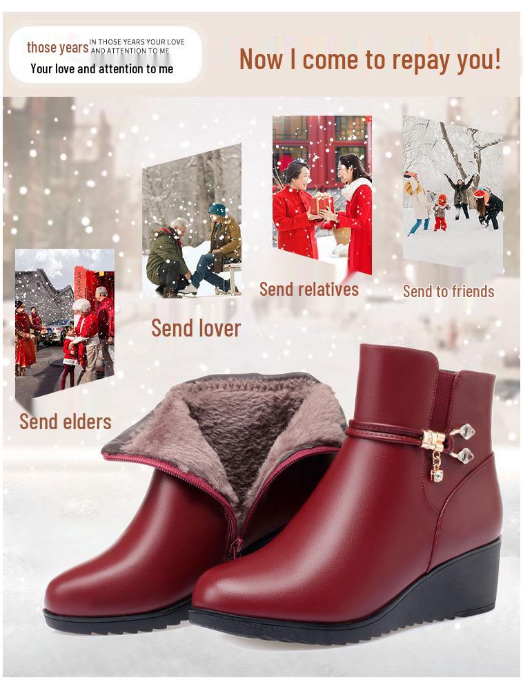 Vielseitige Damen Leder Keilabsatzstiefel in Übergröße - Weiche Sohle, Baumwolle, Plus Samt Warm, Herbst/Winter