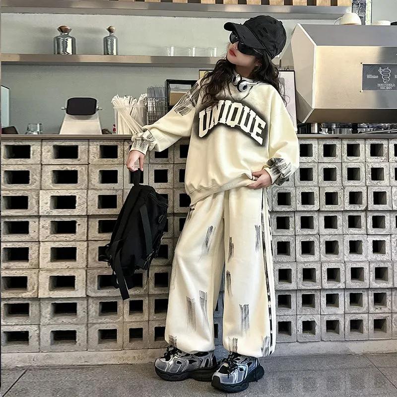 Frühling Herbst Mädchen Freizeitanzug Buchstaben Sweatshirt Hose Zweiteiliges Set für Mittlere und Große Kinder