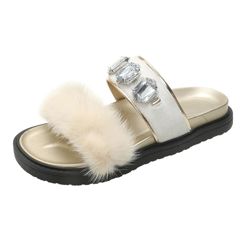 Furry Slippers Women New Fashion Crystal Flat Slippers Summer Non Slip Shoes Comfortable Outdoor Slides Women Zapatos De Mujer