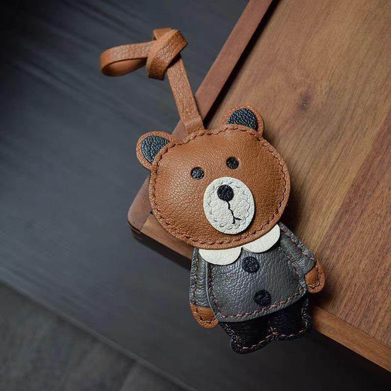 Handmade Real Leather Dancing Bears Bag Charm KeyChain Gift Cute Bread Decoration For Bags Exquisite Charm Bag Accessories