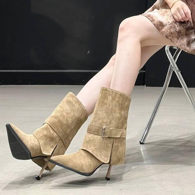 New Style Fashion Women's Luxury Autumn Pointed Pleated Thin Heel Fringed Calf Boots Knight Boots Plus Size Mid Length Boots