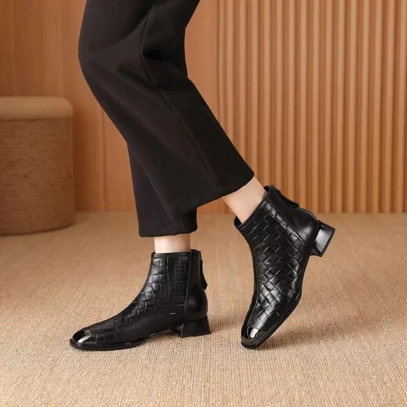 Fashion Women's Thick Heel Short Boots 2024 Spring/Autumn/Winter New Retro Mid Heel Boots Back Zipper Checkered Leather Boots