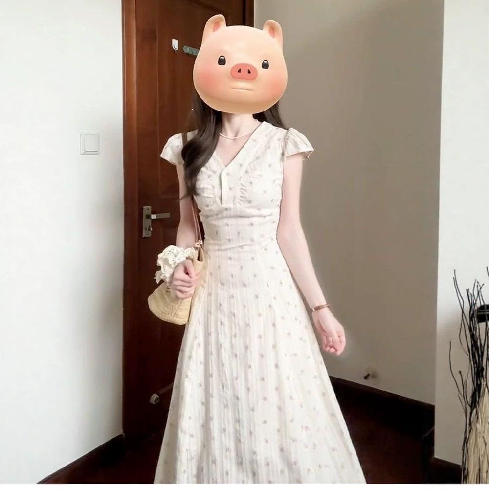 Summer New French V-neck Floral Dress Femininity Vacation Style Waist Thin a Word Long Skirt Women's Clothing
