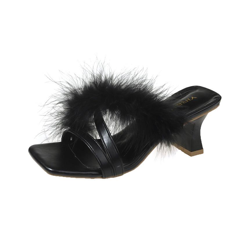 

Тапочки Mao Mao, женская летняя одежда 2025 года, новые модные шлепанцы в стиле феи, толстый каблук, высокие каблуки, нишевые сандалии 39 чёрный