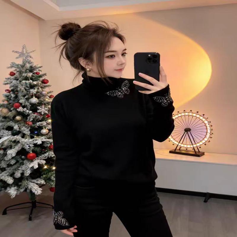 Plus Size Butterfly Embroidered Semi-High Collar Long Sleeve Knit Top