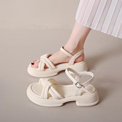 Sandals Women's Summer New Casual One Word Buckle Thick Sole Simple Solid Color Thick Heel Women's Shoes Fairy Wind Beach Shoes