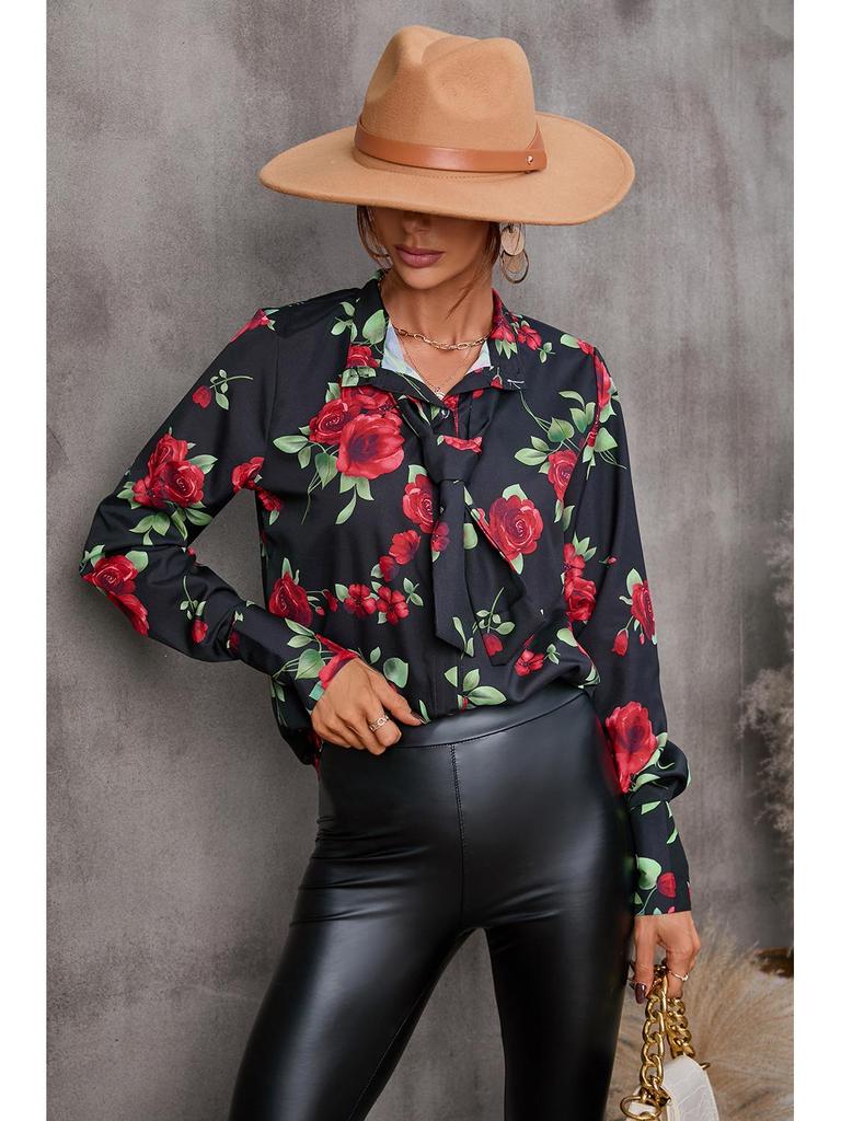 Europäischer & Amerikanischer Stil Damen Herbst Print Krawatte Einreihig Langarm Hemd