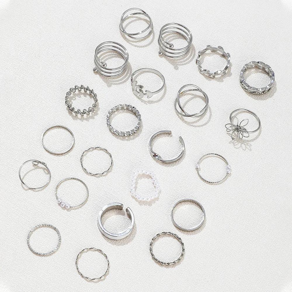 Ensemble de Bagues Géométriques pour Phalange Couleur Argent pour Femmes Perle Artificielle Chaîne Simple Bague de Doigt Bijoux Bohèmes Féminins Accessoires