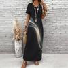 Women Plus Size V Neck Short Sleeve Black Golden Printed Straight Maxi Dress