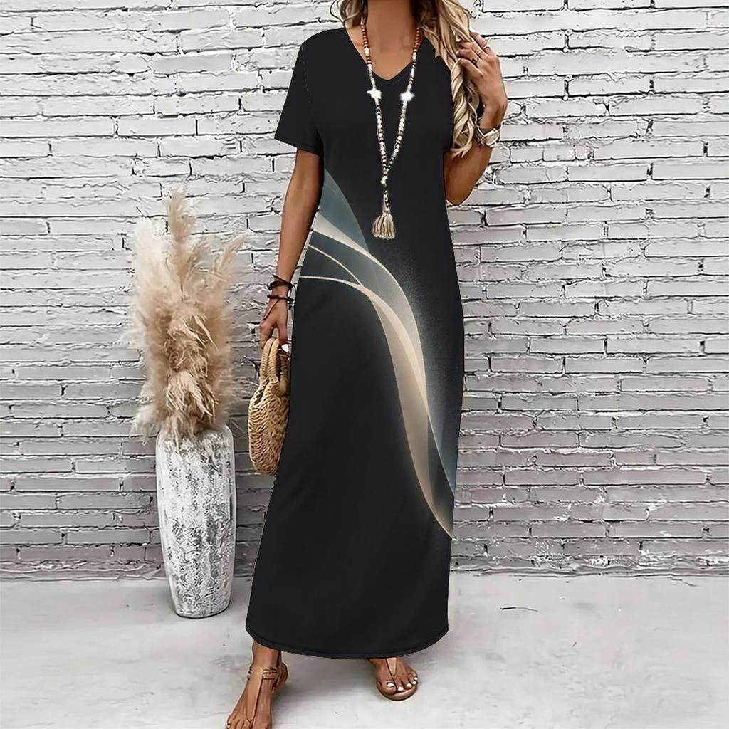 Women Plus Size V Neck Short Sleeve Black Golden Printed Straight Maxi Dress