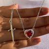 2pcs Can Be Assembled Heart and Sword Zircon Pendant Necklace for Women Men Couple Silver Plated Choker Chain Jewelry Gifts