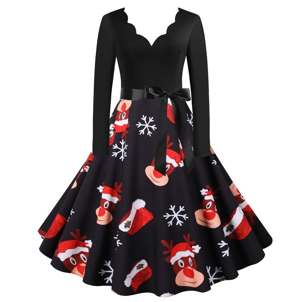 

Retro Style Women Christmas Swing Dress Long Sleeve Fancy Dresses Evening Party Gowns 2XL