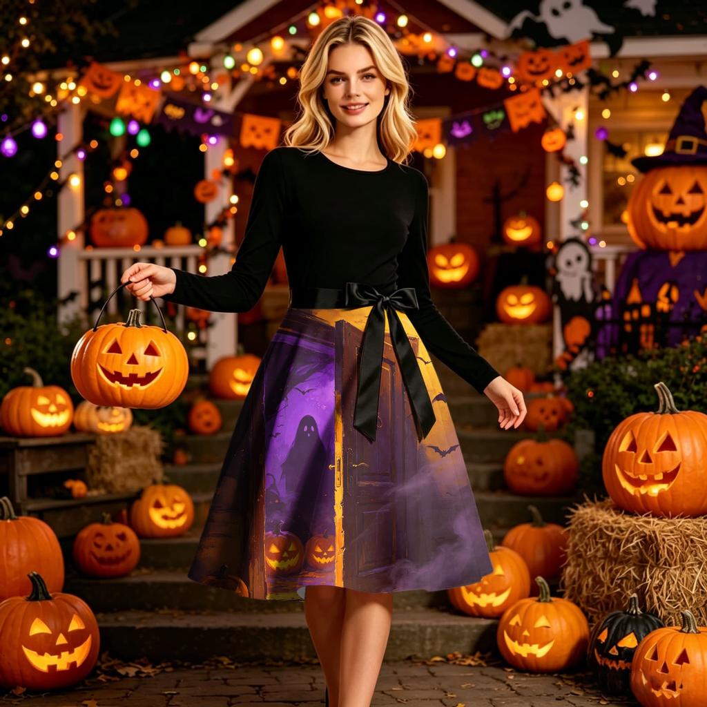 Womens Long Sleeve Round Neck Dress Halloween Print Casual Midi Dress with Waist Tie Elegant Fit and Flare Style Suitable for Seasonal Wear