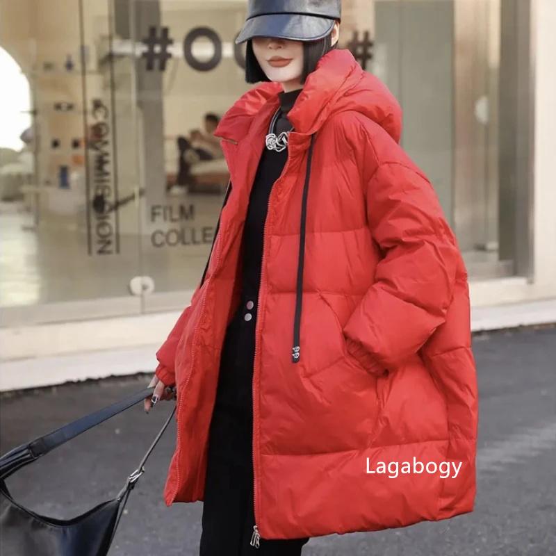 Lagabogy Mid-length Puffer Coat Casual Winter Women Loose Thick White Duck Down Jacket Female Solid Windproof Hooded Parkas