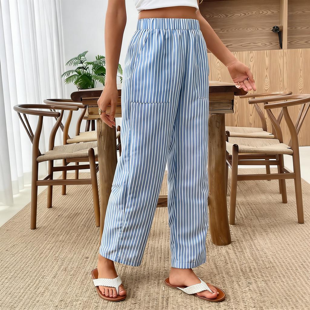 Women's Fashionable Striped High Waisted Pocket Home Versatile Casual Pants