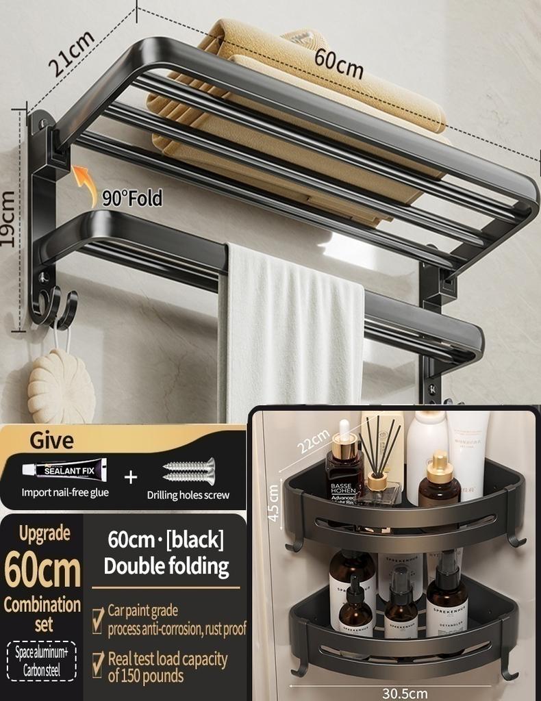 No Drill Bathroom Hardware Towel Rack Black 40CM-60CM Folding Aluminum Towel Rack Holder With Hook Towel Holder Tissue Holder