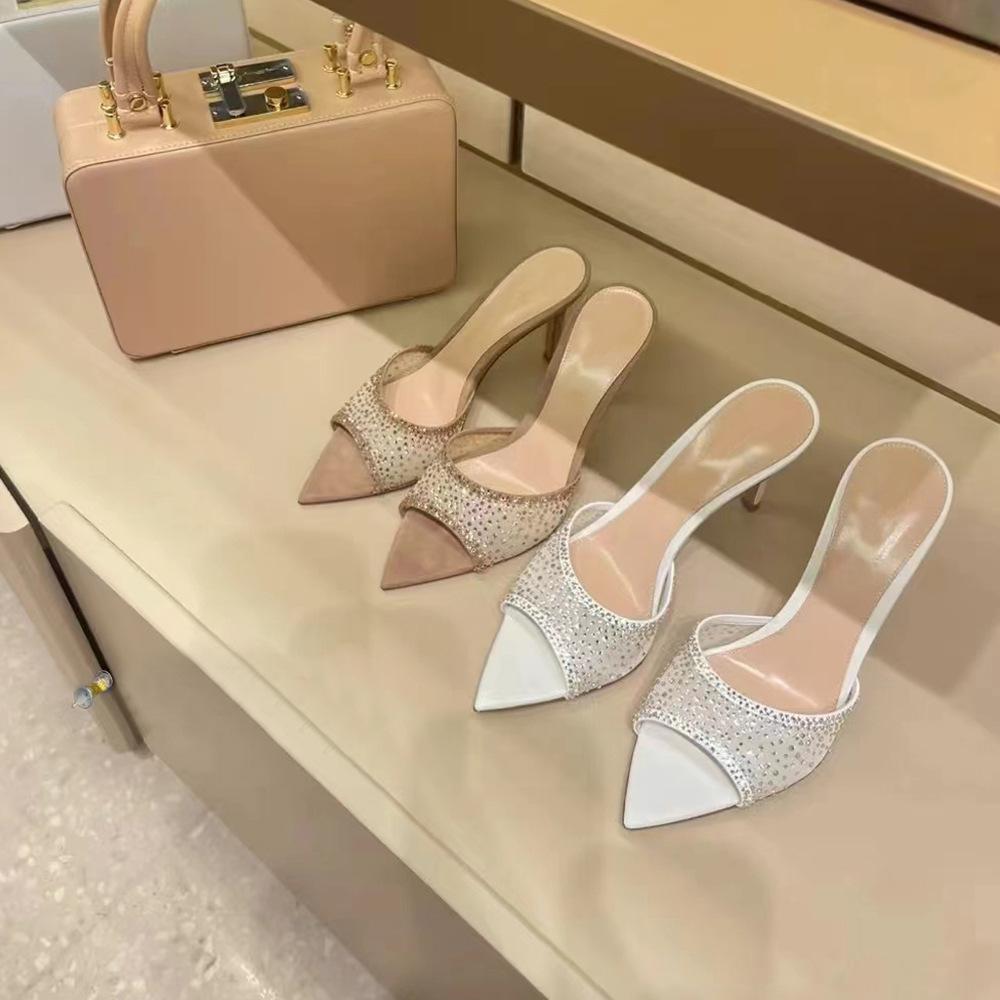 Sexy Open-toed Pointed Rhinestone Sandals Girl 2025 Summer New Mesh Fairy Wind Word with Cool Slippers High Heels