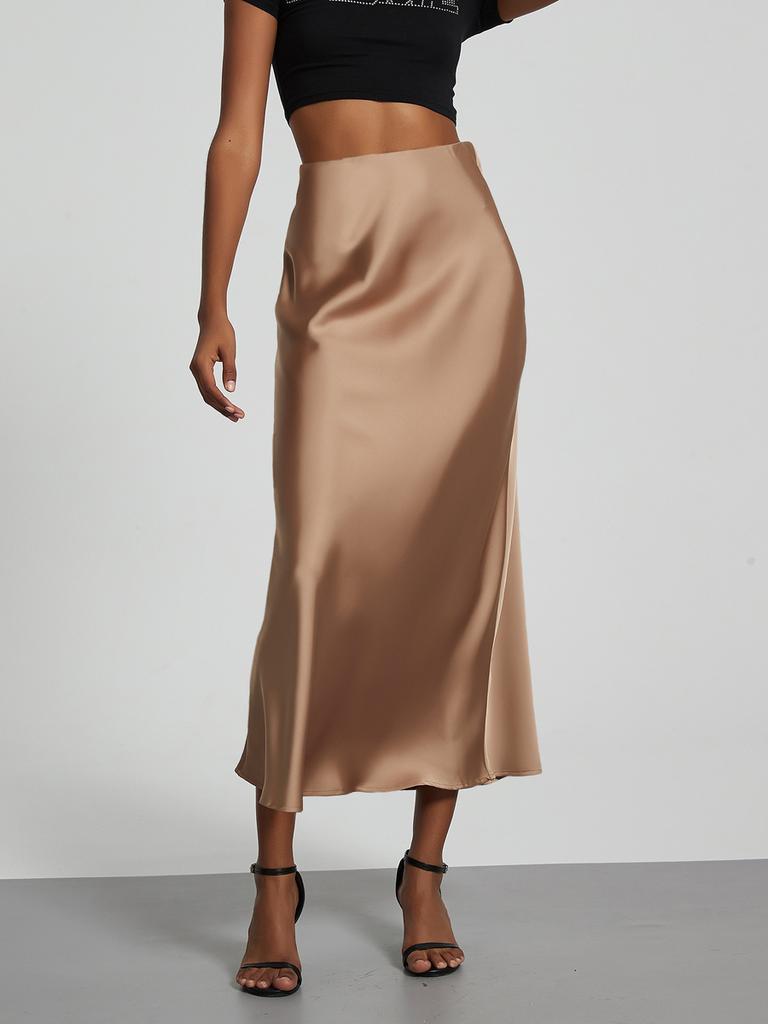Women's Clothing Elegant Satin Midi Skirt Slim Fit High-Waisted Dress