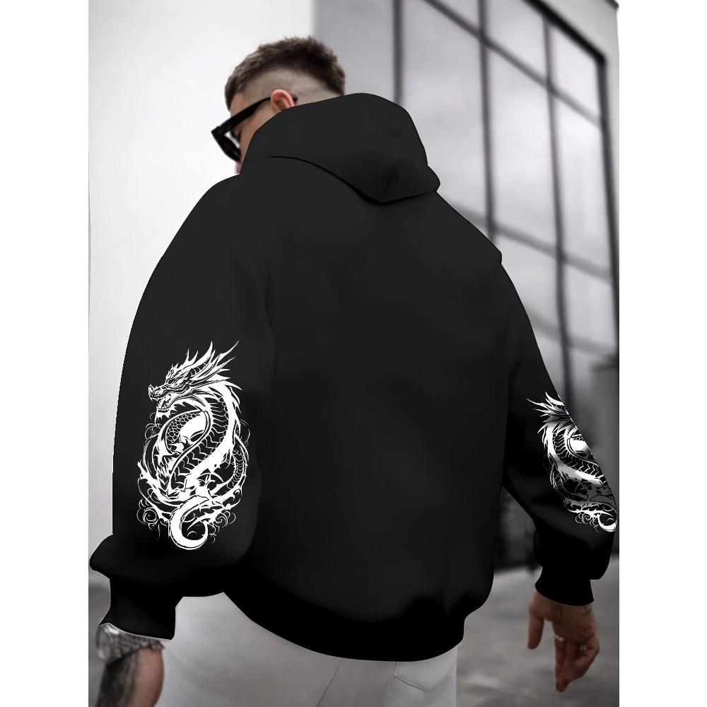 Dragon Element Print Pocket Hooded Sweatshirt Is Suitable for Daily Holiday Outdoor Wear, Autumn And Winter Thickened Men'S Print Hoodie