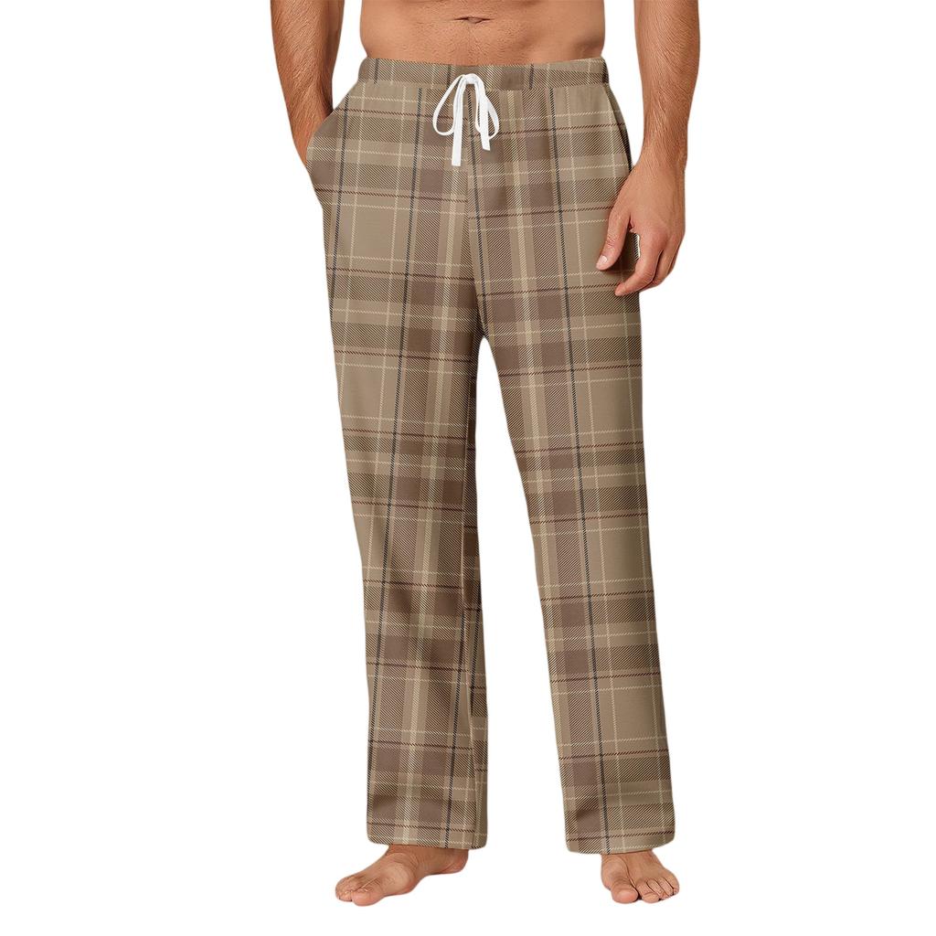 Men's Drawstring Pocket Casual Pants Plaid Stripe Print Pocket Casual Pants Home Pajama Pants
