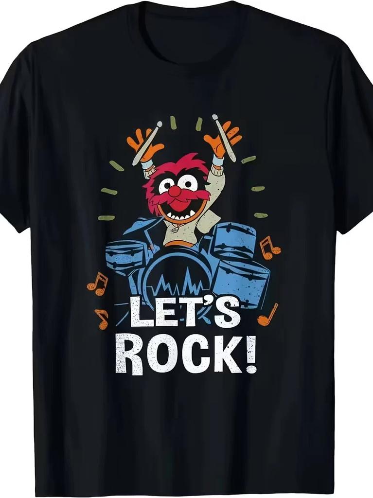 Vintage Muppets Let's Rock Drums Tee • Black Retro Drummer Graphic Shirt • Red H