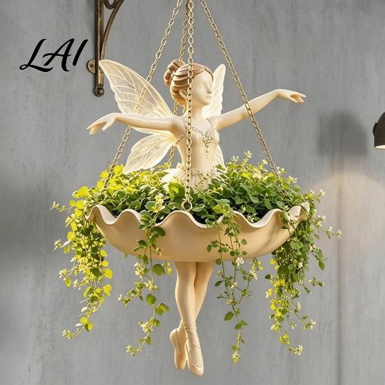 Garden Landscaping Accessories Fairy Ballet Dancer Mermaid Hanging Planter Resin Decorative Flower Pot with Metal Chain Hand Carved Planter Outdoor