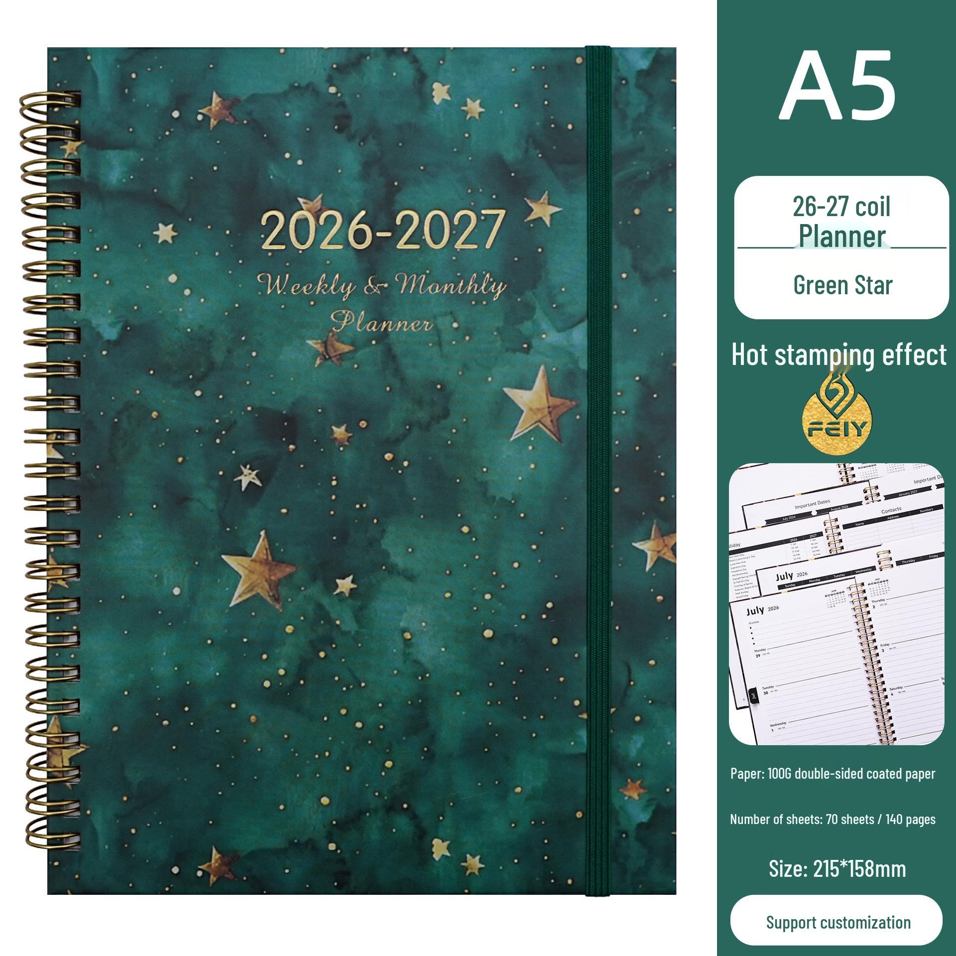 Ежегодник 2026-2027, середина года, A5, на спирали, еженедельник и ежемесячник - Английский, индивидуальный планировщик A5 звезда/зелёный