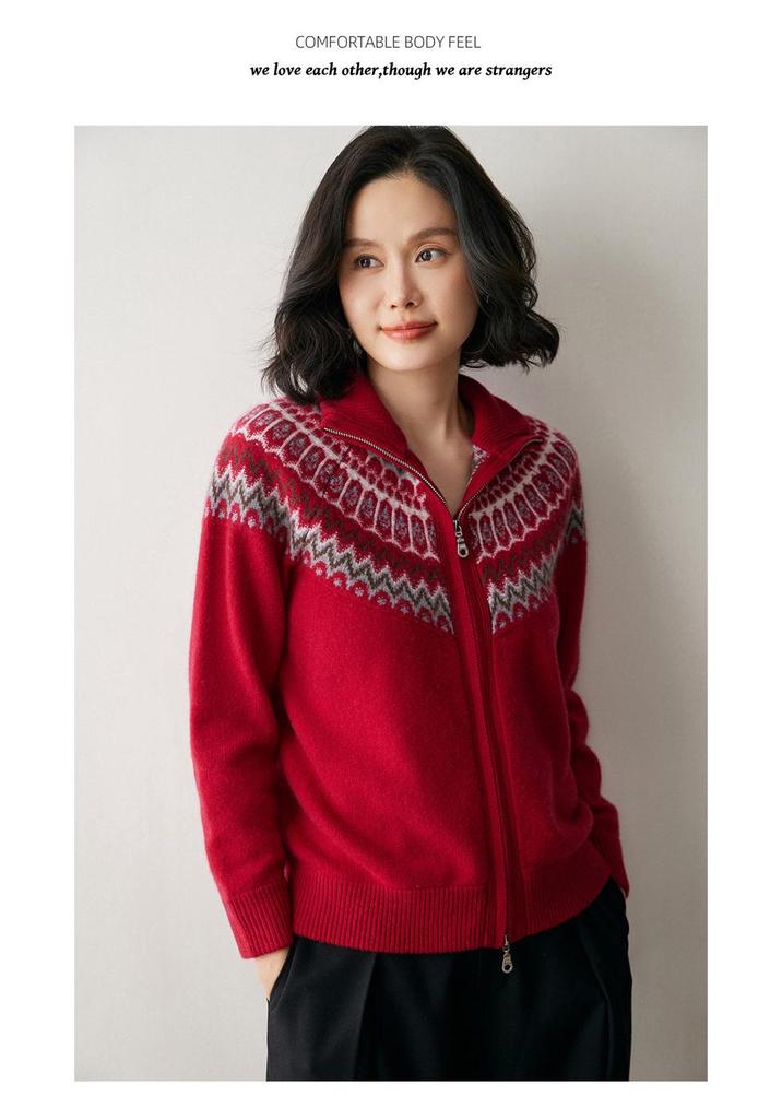 Fair Isle Jacquard Women's Color Block Cashmere Cardigan - 2025 Autumn/Winter Lapel Zipper Jacket