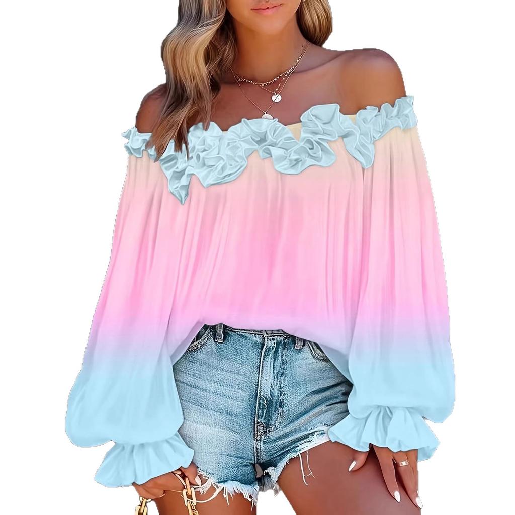 Neue Frühlingskleidung - Stilvolle einärmelige Farbverlauf-Spitzen-Off-Shoulder-Bluse für Damen