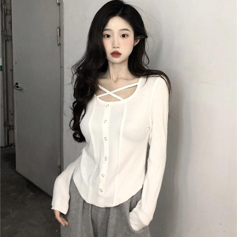 

Новая сплошная цветная футболка с длинными рукавами, женская Harajuku, тонкий сексуальный топ в корейском стиле XL белый