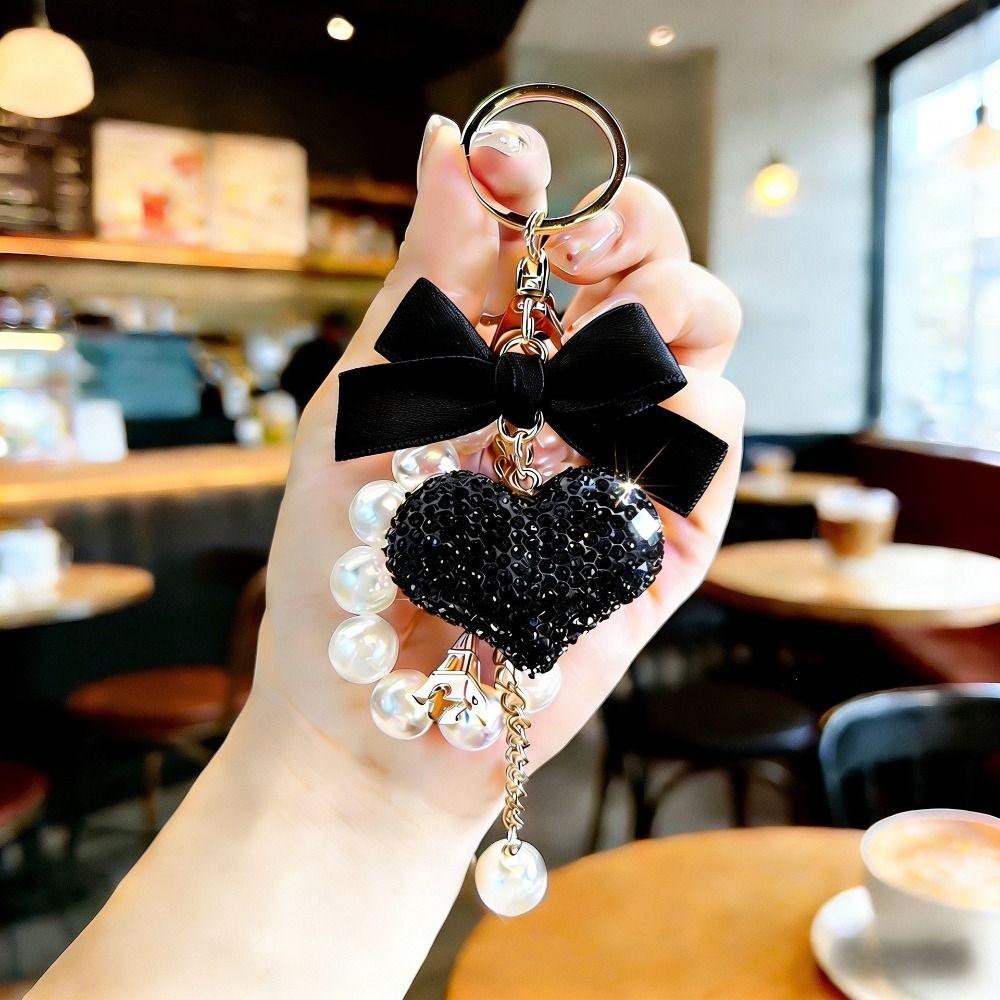 Crystal Rhinestone Heart Keychain Bow & Pearl Tassel Phone Lanyard Car Key Ring  Handbag Accessory