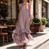 Summer Sleeveless Maxi Dress for Women, Deep V Neck Mesh Patchwork Long Dress, A-line Ruffle Flowy Beach Sundress