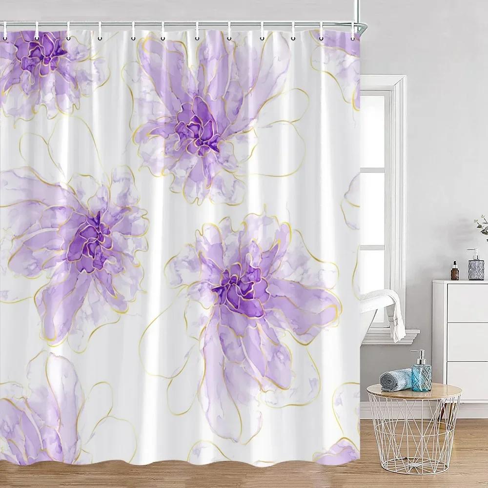 Simple Style Flower and Leaf Shower Curtain Golden Line Abstract Bathroom Decoration Modern Polyester Fabric Shower Curtain
