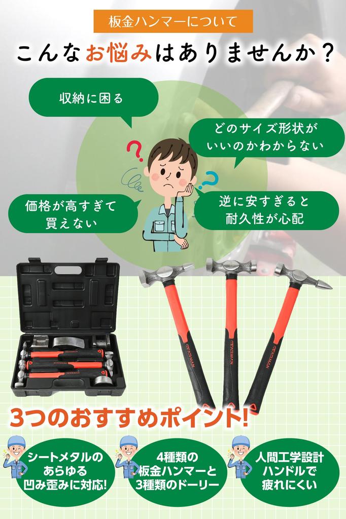 GEARMAN Sheet Metal Sheet Metal Hammer Case Metal Processing Metal Processing Set with 3 Hammers and 4 Dent Repair Hammer, Dolly, Included, Set, Set,
