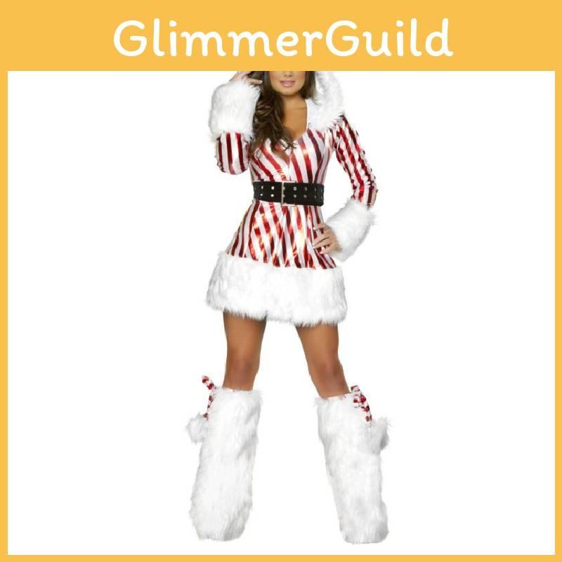 Women Dresses Christms Adult Miss Candy Cane Costume Holiday Cosplay Parties