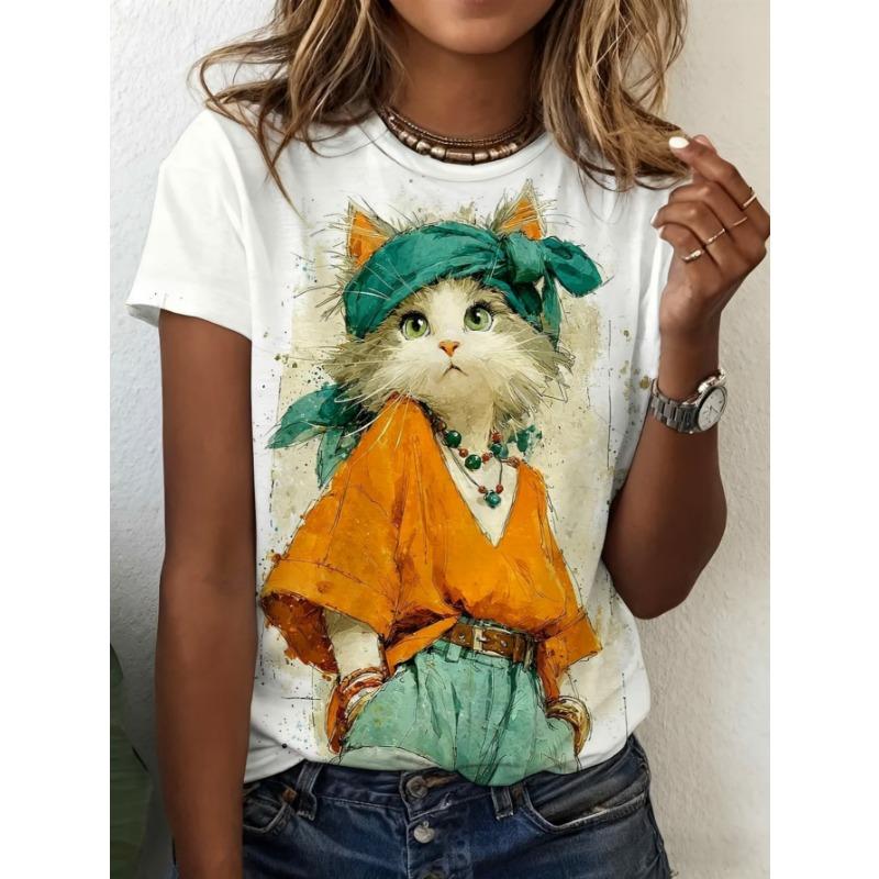 Women Round Neck Short Sleeve T-shirt Fashion Dressed Cat Oil Painting Print Casual Summer Tee