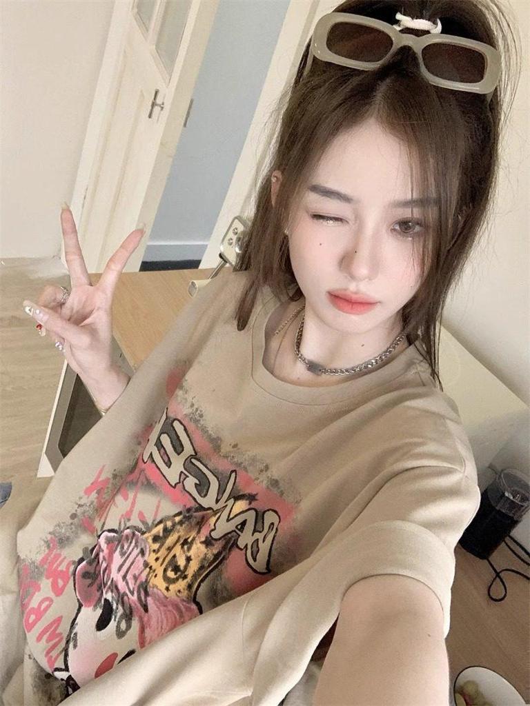 Unisex American Retro Cartoon Print Cotton T-Shirt - Plus Size for Men, Women & Chubby Girls, Loose Mid-Length, Half Sleeve Couple Outfit