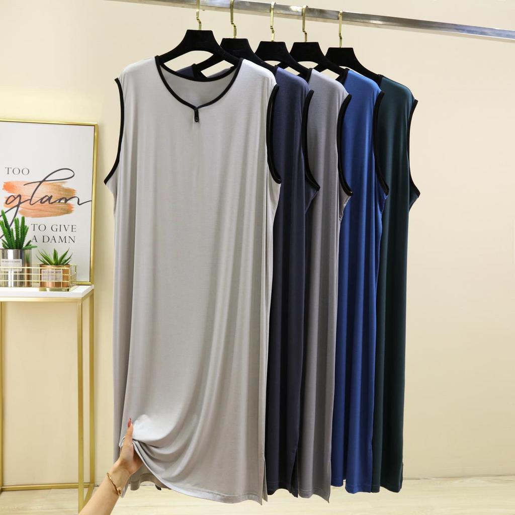 Men Modal Cotton Men Plus Size Night Gown for Summer Solid Color Thin Sleeveless Medium Long Loose Button Vest Style Dress