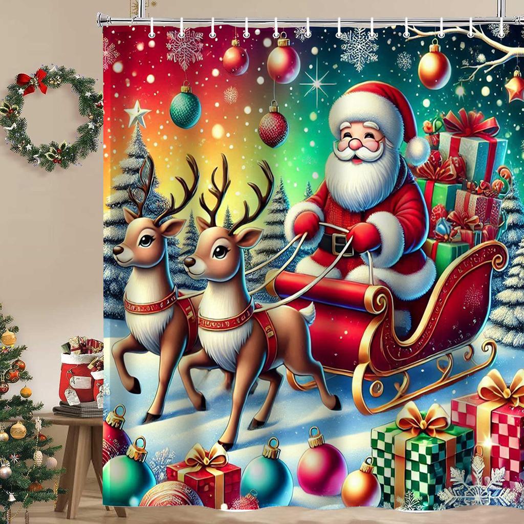 Christmas Festival Decorations Santa Claus Pattern Bathroom Shower Curtain With 12  Hooks Home Bathroom Decor And Accessories