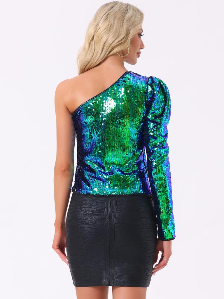 Allegra K Women's Shiny One-Shoulder Sequin Puff Sleeve Long Shimmer Top In Green, Size M