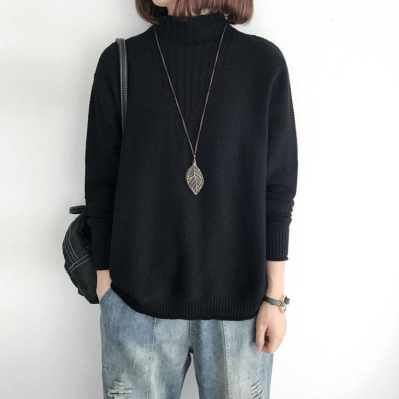 

Женский свитер с высоким воротом и длинным рукавом, осень и зима, новый внутренний верх, ретро-свободный свитер, вязаные свитера, повседневная простая одежда 2120 One Size чёрный